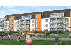 Rheinwohnungsbau Kita Kuthsweg Rheinwohnungsbau Kita Kuthsweg, Simulation Gartenansicht auf Außenfassade, Vordergrund spielende Kinder auf Spielplatz