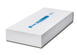 Weiße rechteckige Bauplatte mit blauem Aufdruck.