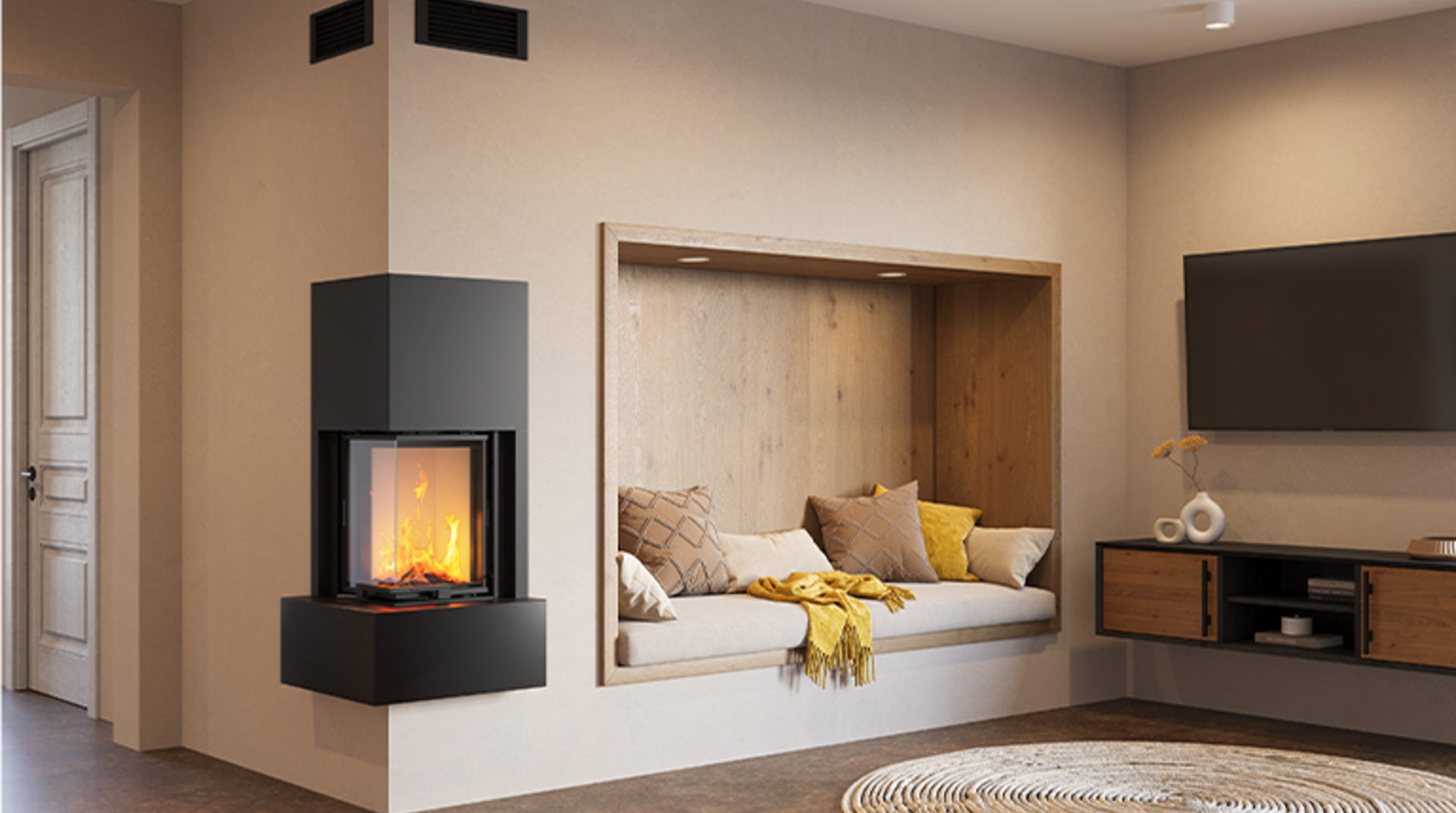kingfire-kanto- in die Wand integriert neben einer Sitzecke  