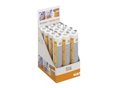 Weiße Kartuschen im Pappaufsteller, orange-grau beschriftet.