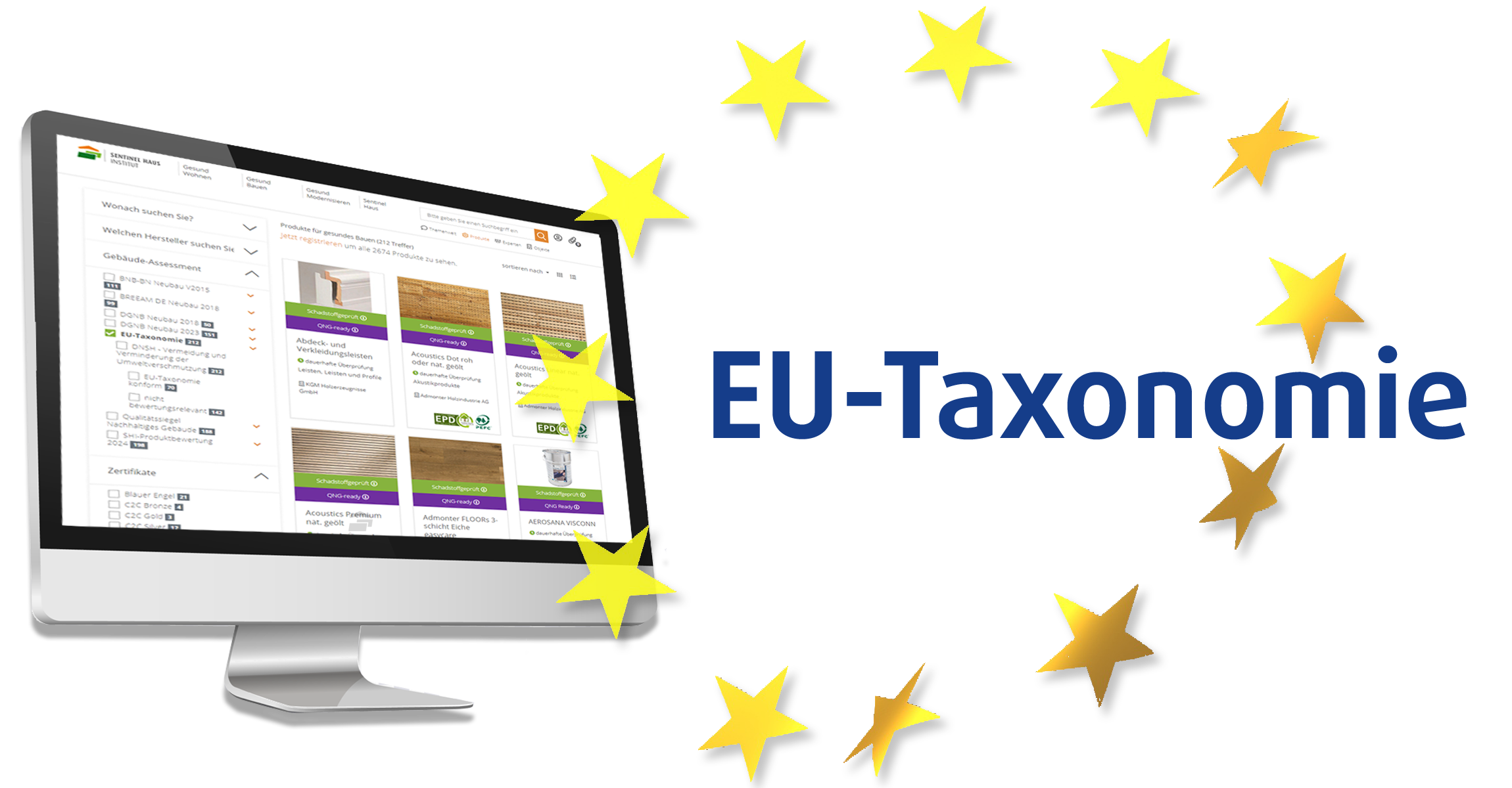 EU Taxonomie PC mit der SHI-Datenbank und Sternen in einem Kreis der Europasymbolisieren soll.