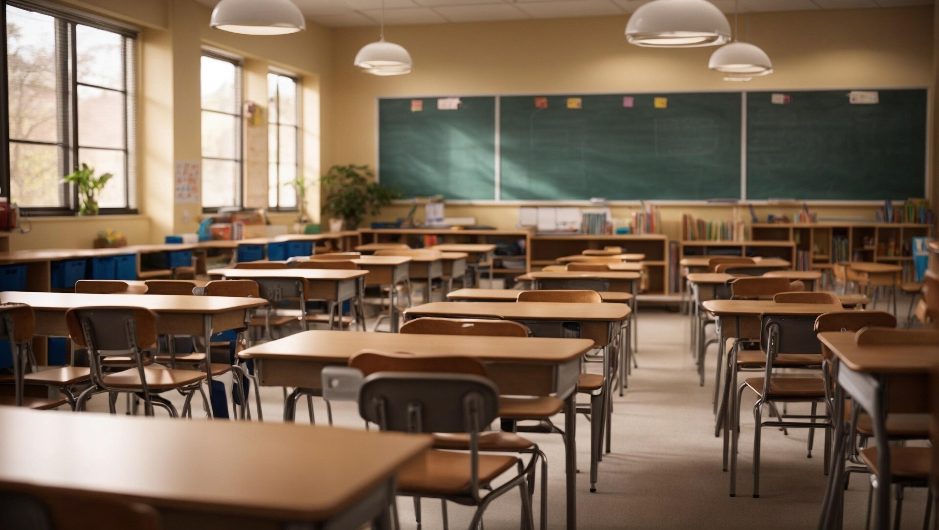 Ein leeres Klassenzimmer mit Stühlen und grüner Tafel.