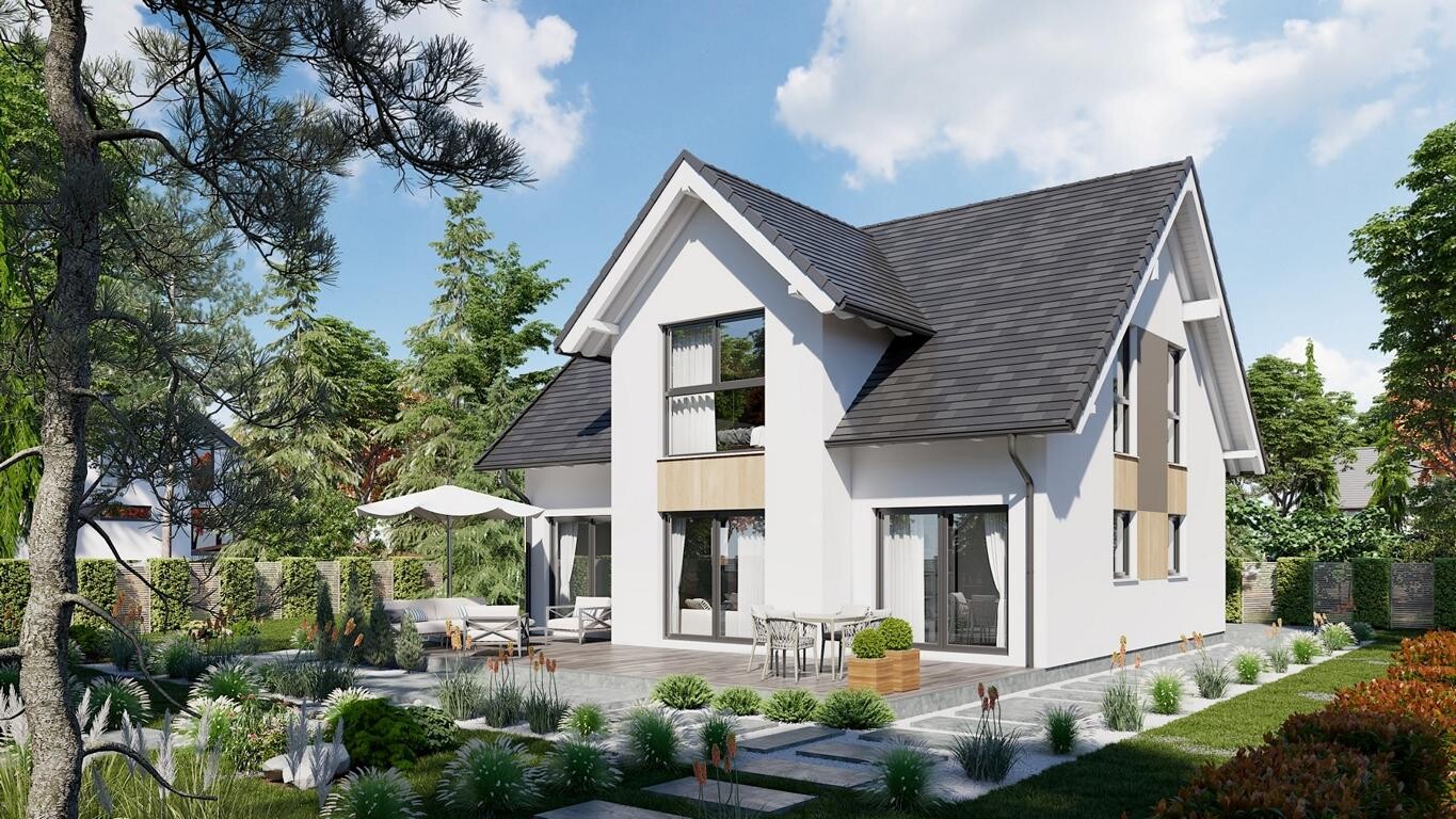 Das neue, hochwertig wohngesunde Musterhaus Fortuna entsteht als klassisches Satteldachhaus in Bestwig. Grafik: Büdenbender Hausbau Das neue, hochwertig wohngesunde Musterhaus Fortuna entsteht als klassisches Satteldachhaus in Bestwig. Grafik: Büdenbender Hausbau