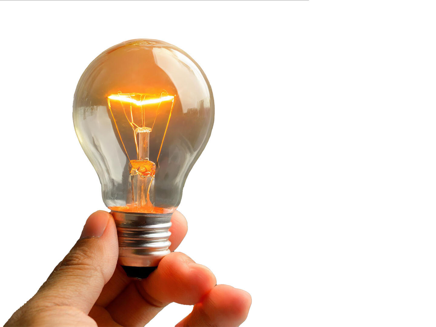 SHI-Forschungsprojekte Glühlampe wird in der Hand gehalten, weißer Hintergrund.