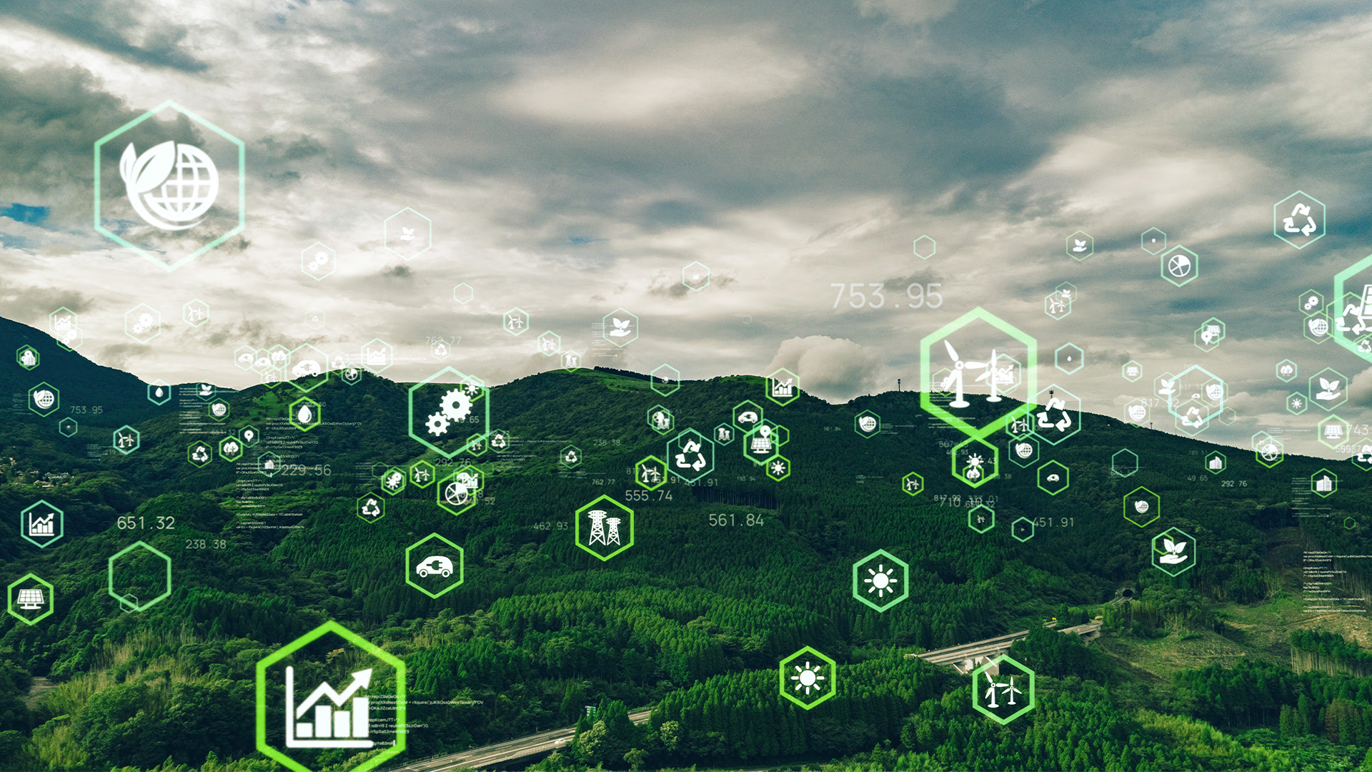Nachhaltige Landschaft grüne Landschaft mit digitalen Symbolen